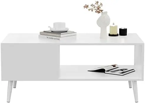 

Деревянный журнальный столик для гостиной, ретро-столы для середины века, коктейльный столик с полкой для хранения для ресепшн, белый