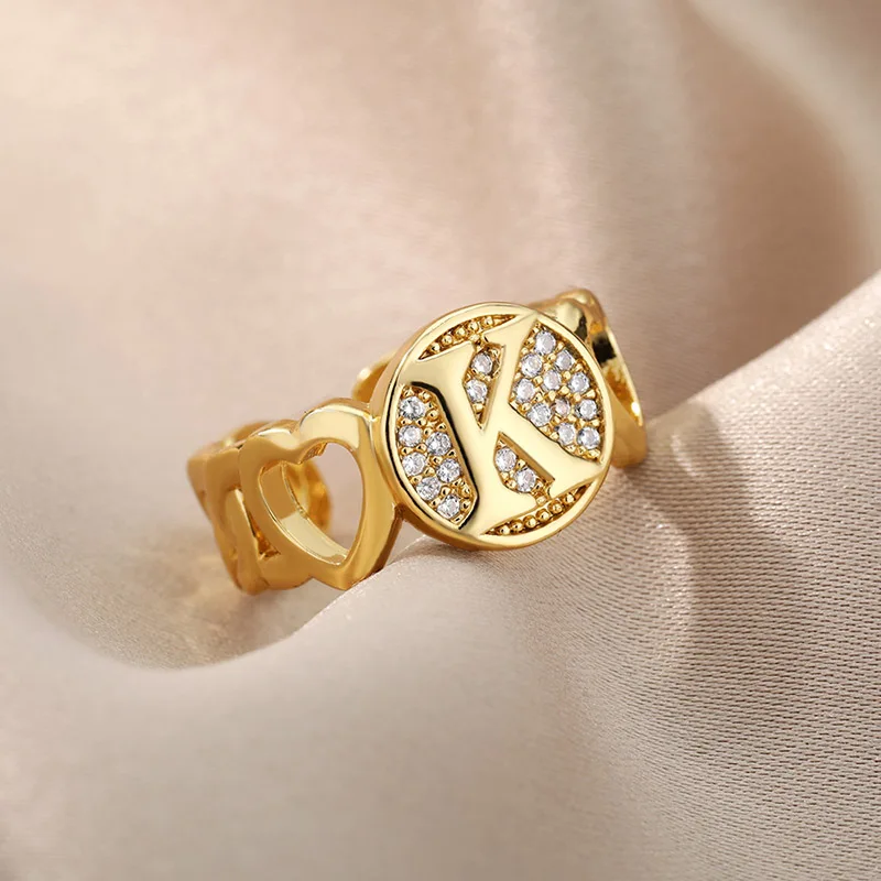 

Zircon Initial Letter Rings For Women Stainless Steel Heart Adjustable Couple Female Letter Ring Chirstmas Jewelry Gift 2023