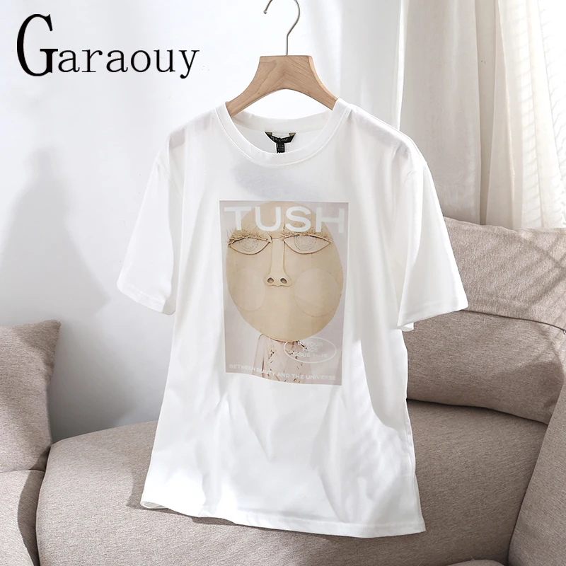 

Garaouy 2023 Women Summer Fashion White Print T-Shirt Female Casual Short Sleeve Simple Loose Tees Ladies Tops Camisetas Mujer