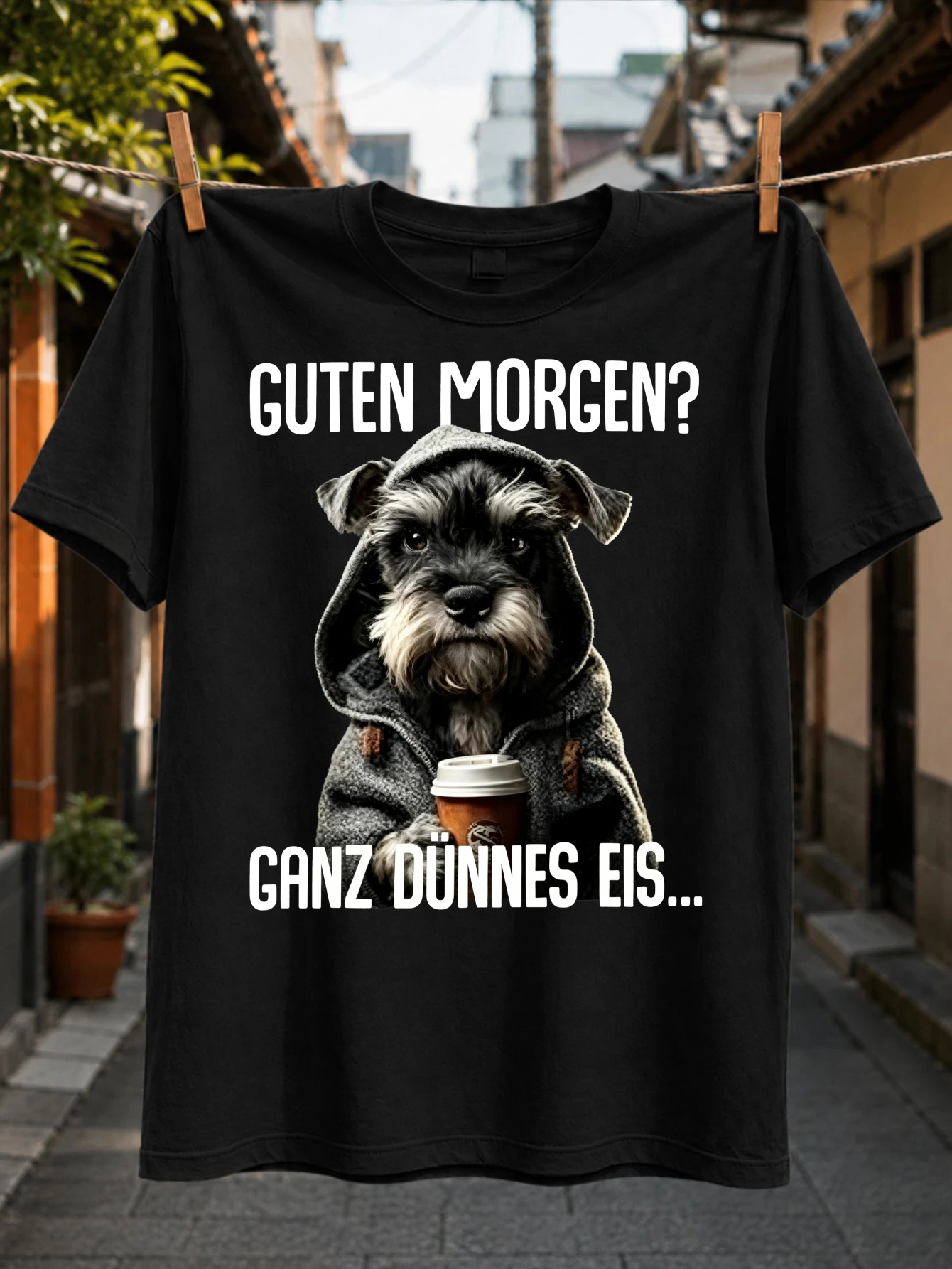 Фото Футболка унисекс с принтом «Доброе утро, очень тонкий немецкий шнауцер, держащий чашку кофе на вынос, грустный утренний образ» №1