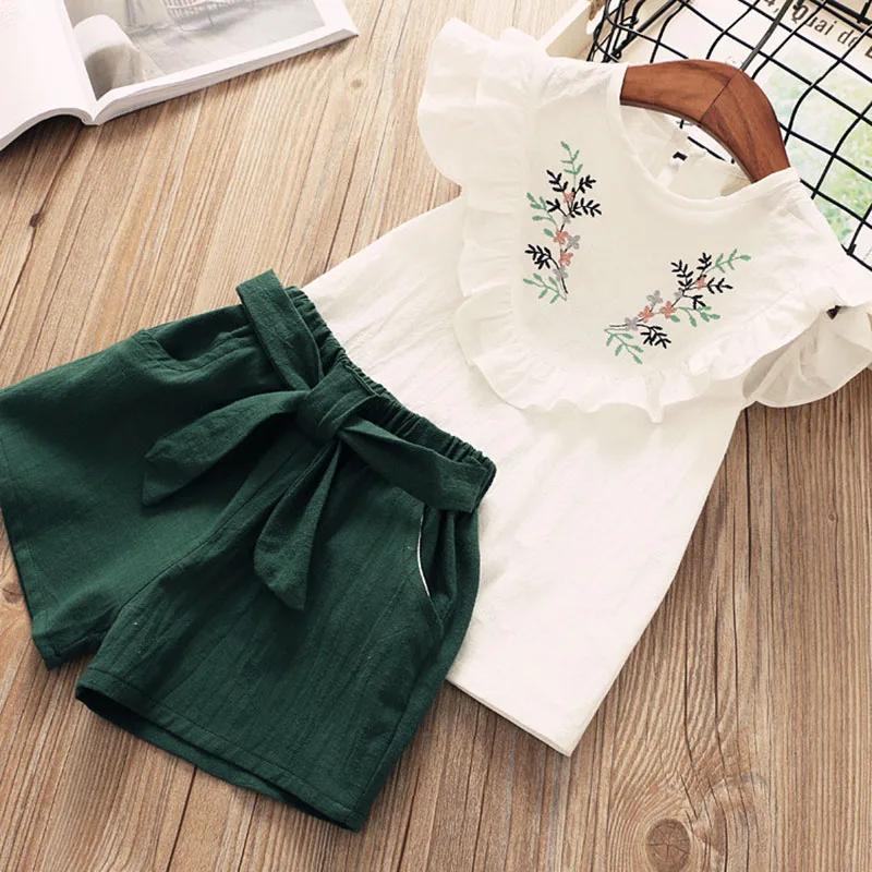 

Cotton Girls Clothing Sets New Summer Casual Embroidery T-shirt and Bow Pants 2Pcs for Girl Kids Clothes Children Clothing 3 7T