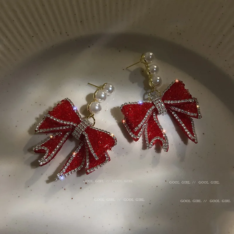 

2022 New 925 Silver Needle Red Diamond Bow Pearl Earrings New Korean Dongdaemun Exaggerated Earrings For Women