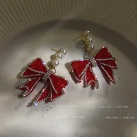 2022 new 925 silver needle red diamond bow pearl earrings new korean dongdaemun exaggerated earrings for women