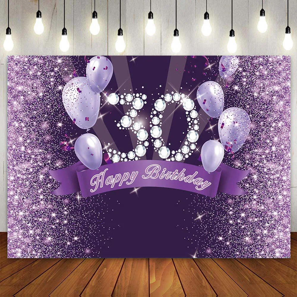 

Happy 30th Birthday Backdrop Party Table Banner 30 Years Old Black Purple Glitter Shiny Sequin Balloon Ray Shape for Girls Women