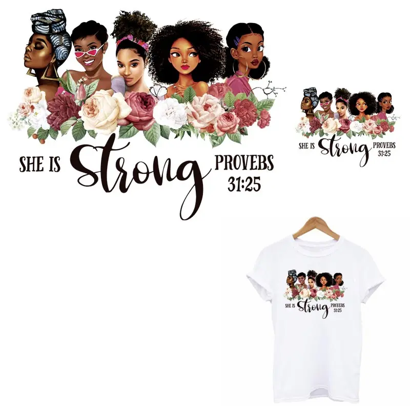 

DIY Washable Iron on Heat Transfer Sticker on Clothes African Girl Applique She Is Stroger Power Black Girl Patches for Clothing