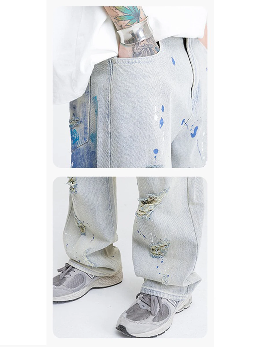 Four Seasons Men Jeans American Hip Hop Ripped Pants Europe and America Hiphop Contrast Color Straight Y2k Men Jeans Streetwear