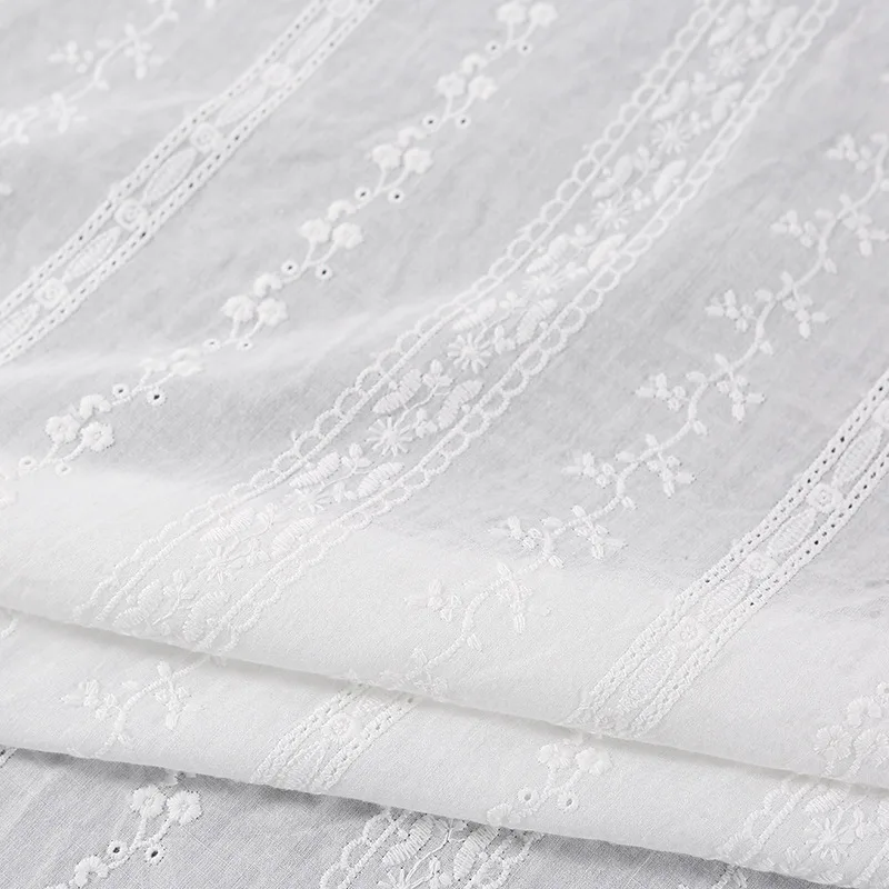 

White Cotton Fabric Floral Stripe Embroidery Cotton Fabric Eyelet Fabric for Dress,Shirts,Apparel Sewing Fabric,by the Yard