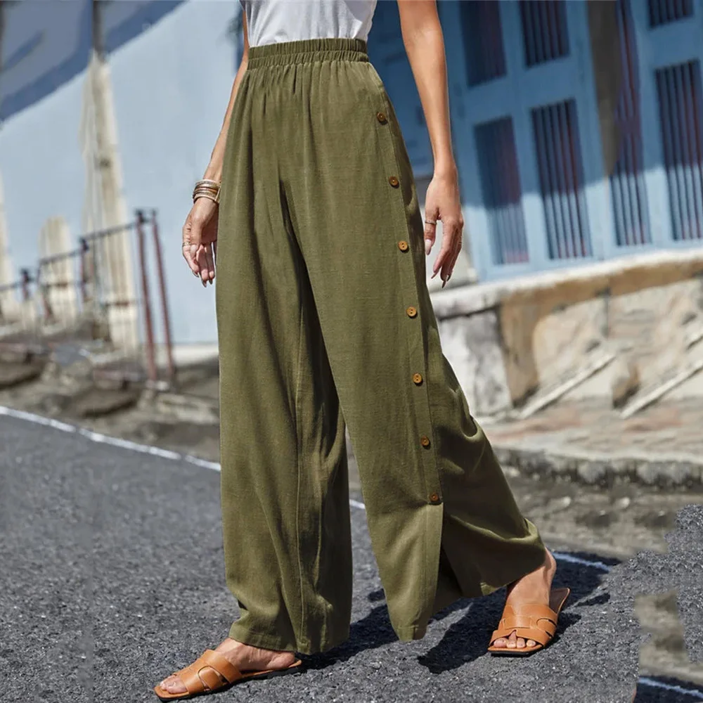 

Новинка 2023, летние модные однотонные повседневные брюки на пуговицах, Женский корсет, широкие брюки в стиле ретро