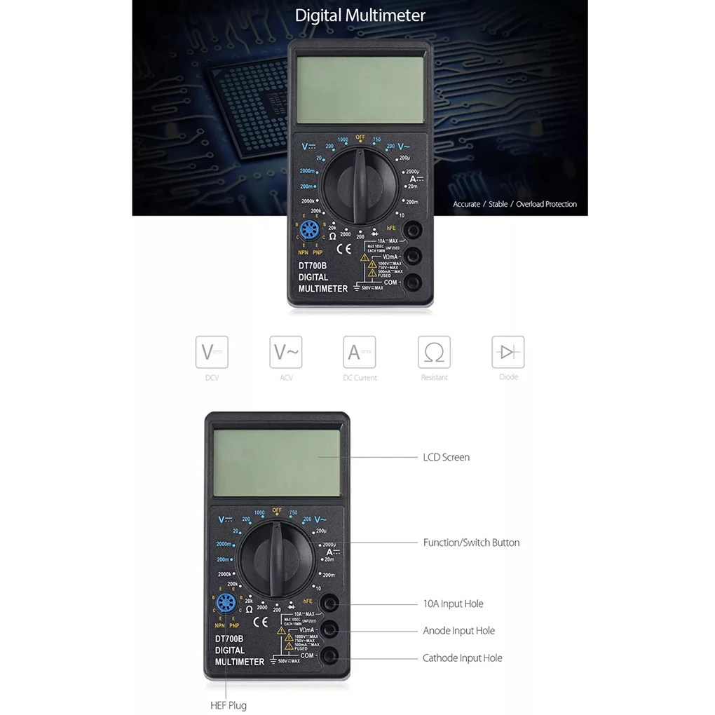 

Профессиональный цифровой мультиметр DT700B, Вольтметр постоянного и переменного тока, тестер сопротивления, диодов, испытательный инструмен...