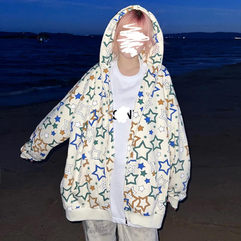 

Hiphop pentagonal print hoodie women's spring and autumn wear hoodie lovers loose zipper coat