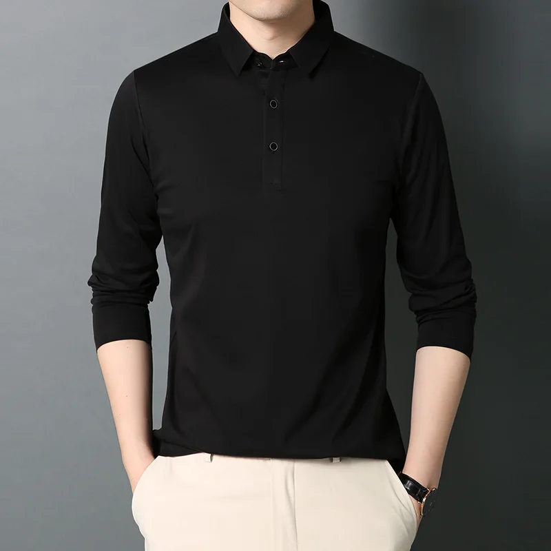 

2023 new spring and autumn tops tees men long-sleeved t shirt men's lapel solid color business casual t shirts 120121