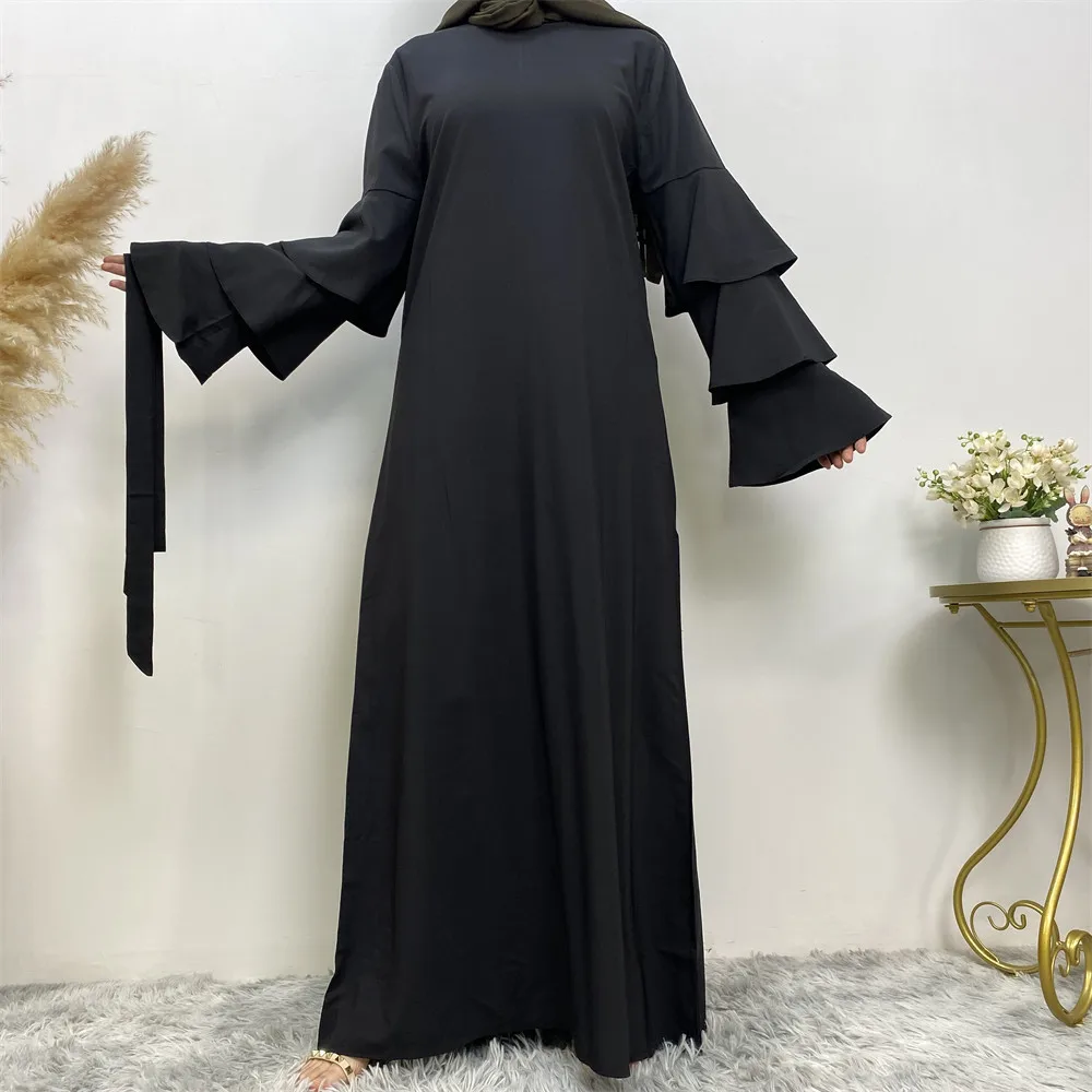 New Women's Round Neck Solid Color Versatile Loose Lacing Pile Sleeve Long Dress Women's Muslim Dress Robe Pour Femme Musulmane