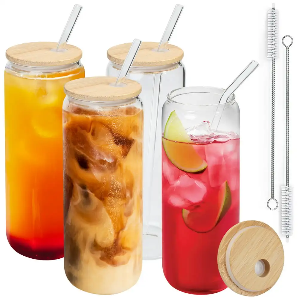 

4Pcs 25oz Drinking Glasses with Bamboo Lids & Glass Straw for Boba Tea, Juice, Soda, Cocktail