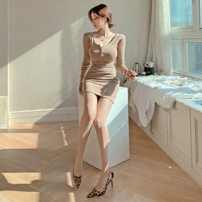 

Женское платье с длинным рукавом, повседневное облегающее мини-платье с открытым воротником и запахом, модель 2022 в Корейском стиле на весну