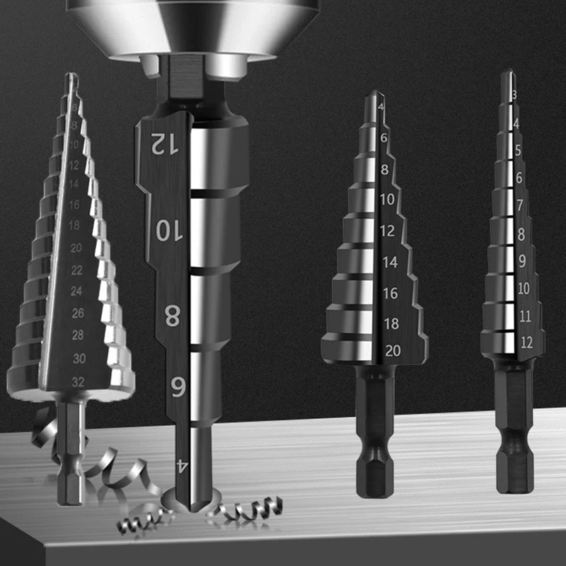 

Набор ступенчатых Сверл из быстрорежущей стали, комплект насадок с прямым желобом и титановым покрытием для сверления дерева, металла, 3-12, 4-12, 4-20, 4-32 мм