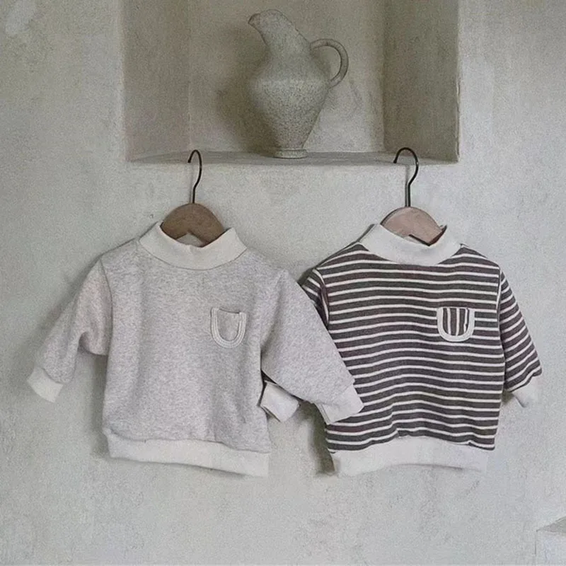 

HAYANA Winter Baby Hoodie Baby Boy Vintage Turtleneck Fleece Lining Sweatshirt Infant Girl Striped Patchwork Pullover Tops