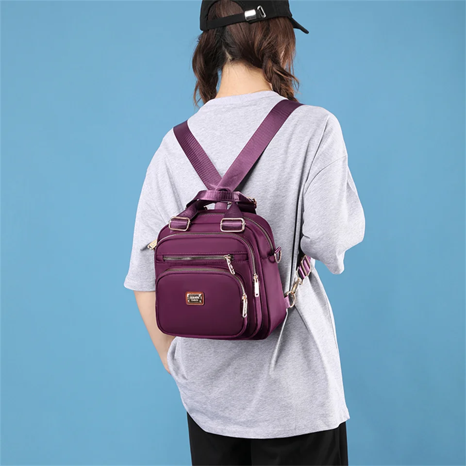 Solid Color Fashion Backpack Shoulder Handbags Female Tote Travel Backpack Nylon Crossbody Shopper Bags For Women