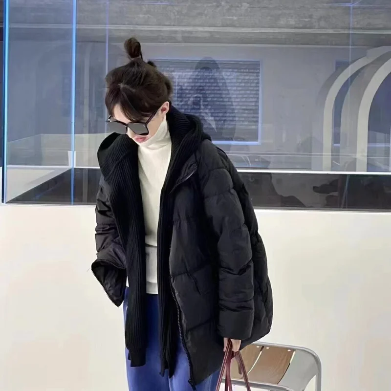 New Fall and Winter Hooded Down Jacket Women's Loose White Eiderdown Thick Warm Knit Scarf Hat Wear Versatile Down Jacket