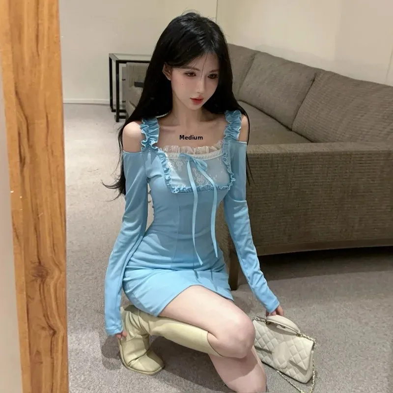 Милое пикантное платье с длинными рукавами для девочек синее кружевное женское