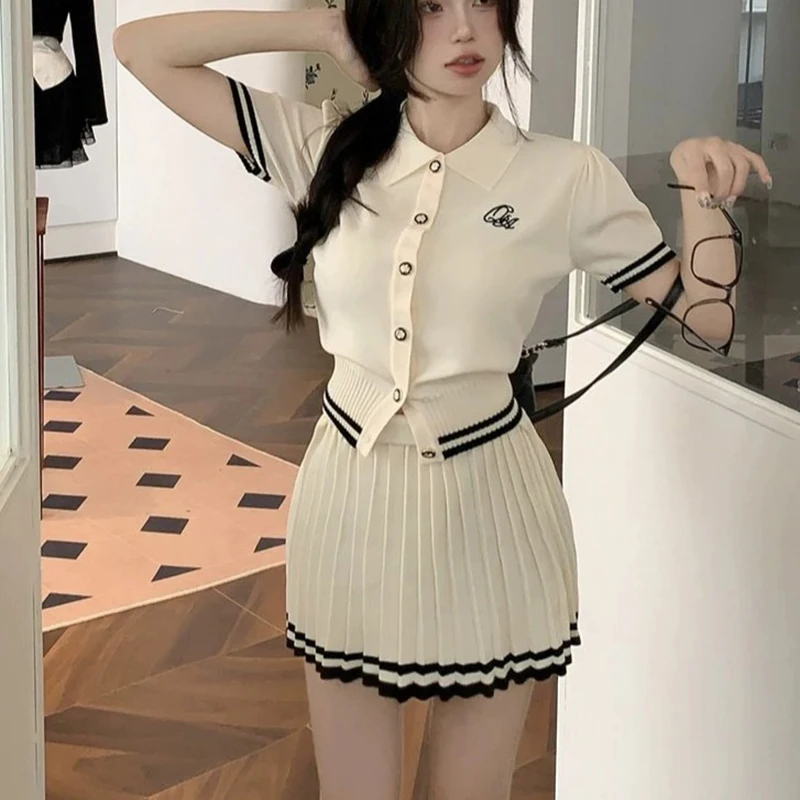 

NXPN 2023 New Insets For Women 2 Pieces Summer Suit Baddie Two Piece Set Knitted Sweater Casual Embroidery Short Skirt Suit