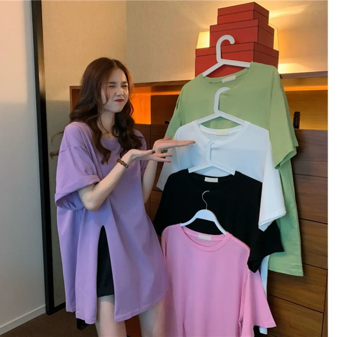 

DAYIFUN Cotton T-shirt Women Fashion Solid Split Loose Summer O-neck Short-sleeve Oversized Top Female Clothing Beach Mid-length