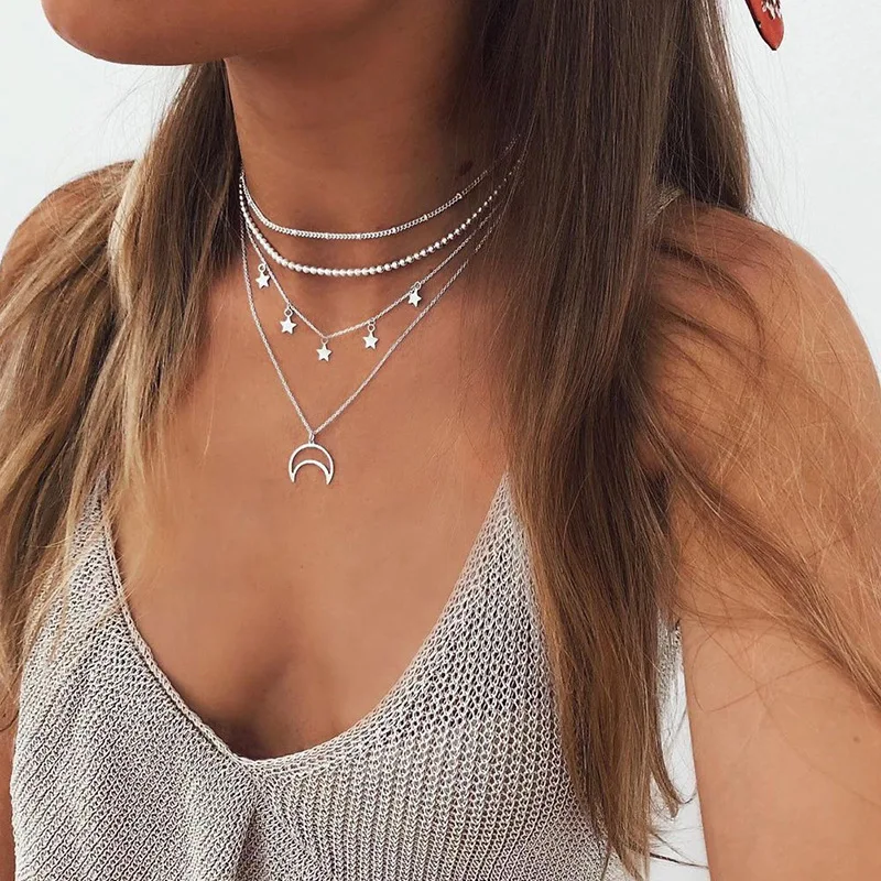 

Bohemian Multilayer Simple Silver Plated Hollow Moon Star Pendant Necklace Vintage Choker Necklaces Jewelry for Women Girls