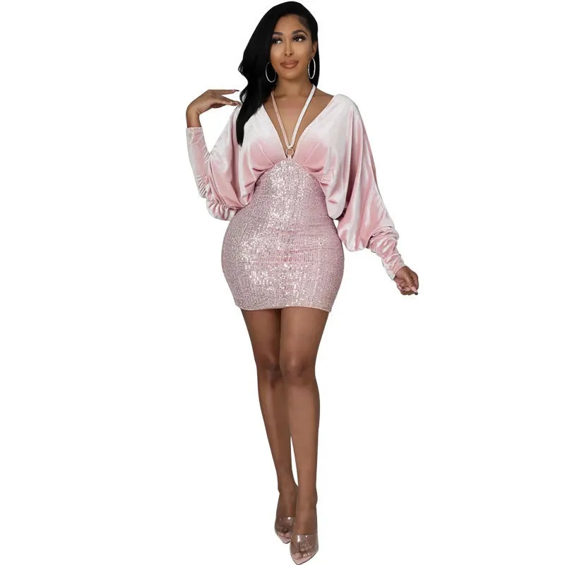 Women Sequined Evening Dress Deep V-neck Puff Long Sleeve Slim Party Dress Sexy Fashion Mini Nightclub Dresses