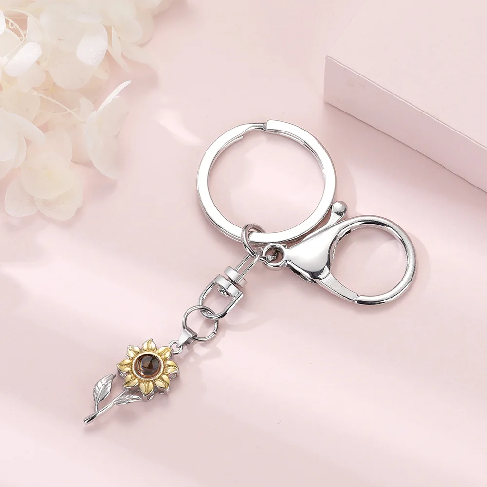 HIBODY Picture Custom Sunflower Stainless Steel Projection Keychain Personalized Colorful Photo Custom Mother's Day Gift