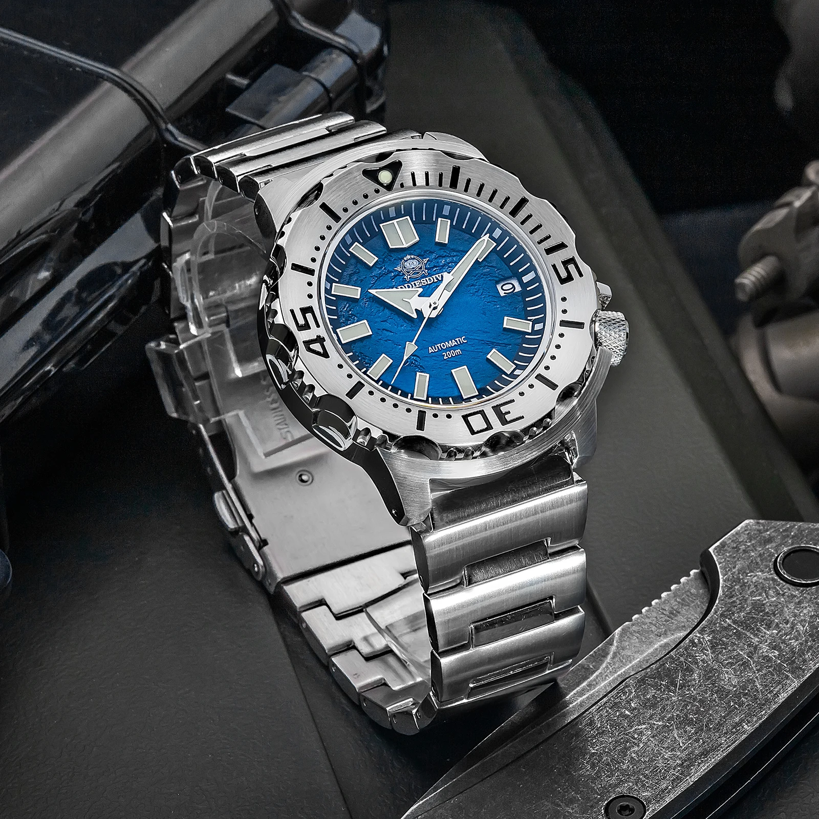 Фото Часы ADDIESDIVE Sapphire Diver с механизмом NH35, водонепроницаемые до 20 бар, светящиеся автоматические механические часы AD2047, наручные часы с синим циферблатом №4