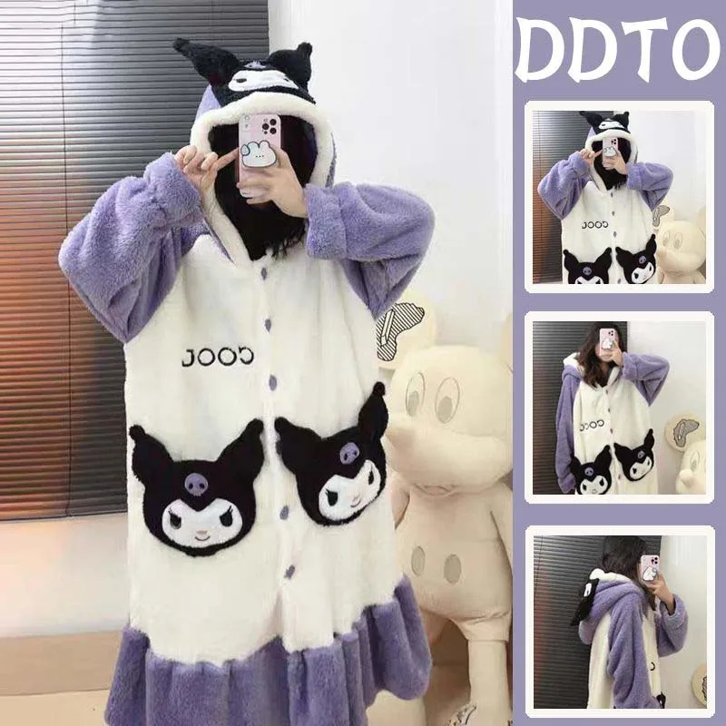 

Sanrio Kuromi Cartoon Cute Pajamas Hooded Coral Velvet Women's Pajamas Thickened Long Household Clothes Can Be Worn Outside