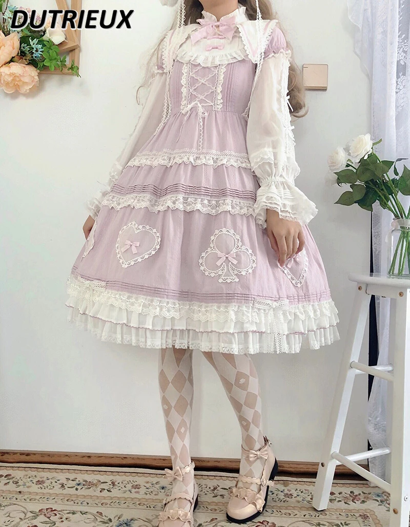 

New Lolita Lace Bow Short Sleeve Dress Spring and Summer Sweet Cute Girl Short Sleeve Square-Neck Cinched Large Swing Dress