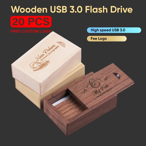 20 шт./лот, деревянные флэш-накопители USB 3.0, 128 ГБ, бесплатный логотип, 64 ГБ, деревянный флэш-накопитель с коробкой, 32 ГБ, 16 ГБ, карта памяти, бизнес-подарок, U-диск