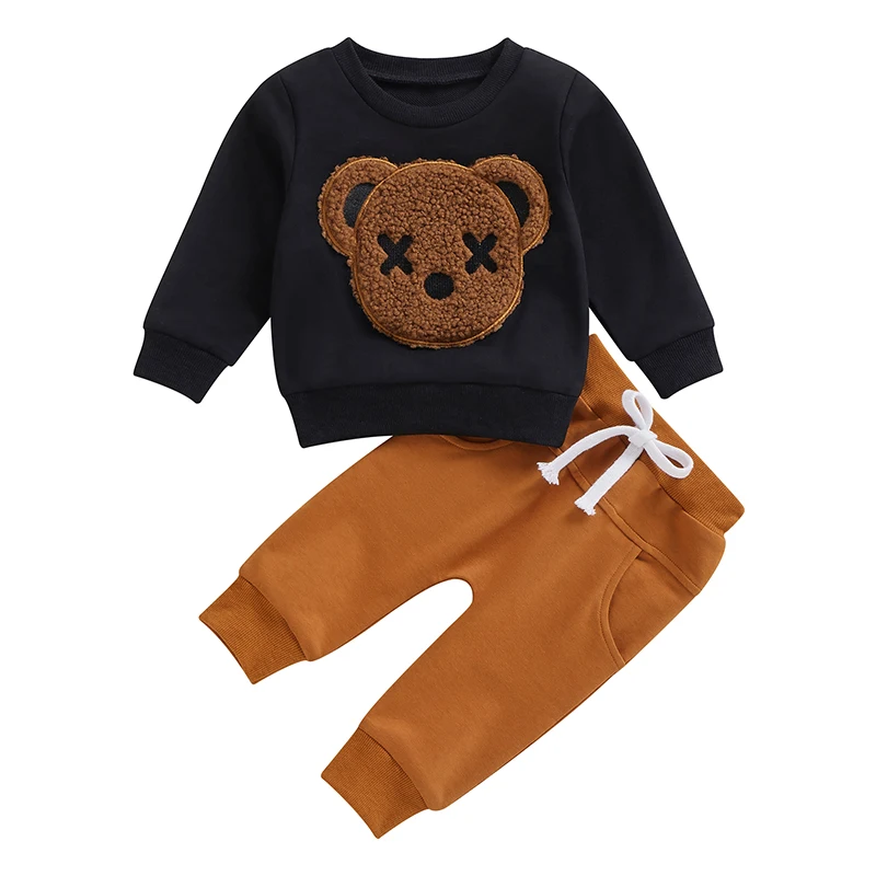 

Детские Осенние костюмы для мальчиков и девочек, свитшот с вышивкой медведя и круглым вырезом и длинными рукавами, топы и однотонные длинные брюки, комплект из 2 предметов