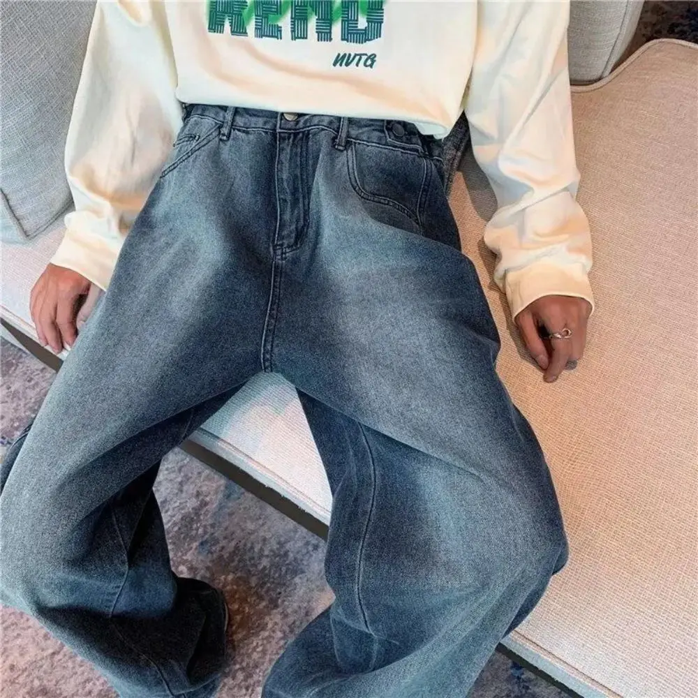 Baggy Men Jeans Solid High Street Teens Trousers Casual Denim Chic Harajuku Streetwear Hip Hop Wide Leg Pants Men Jeans