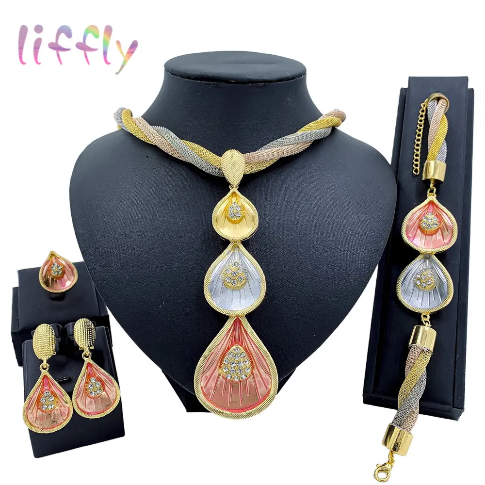 

Bridal Jewelry Sets Indian Exaggerated Flower Pendant Necklace Colorful Bracelet Party Dangle Earrings Adjustable Ring GIRL GIFT