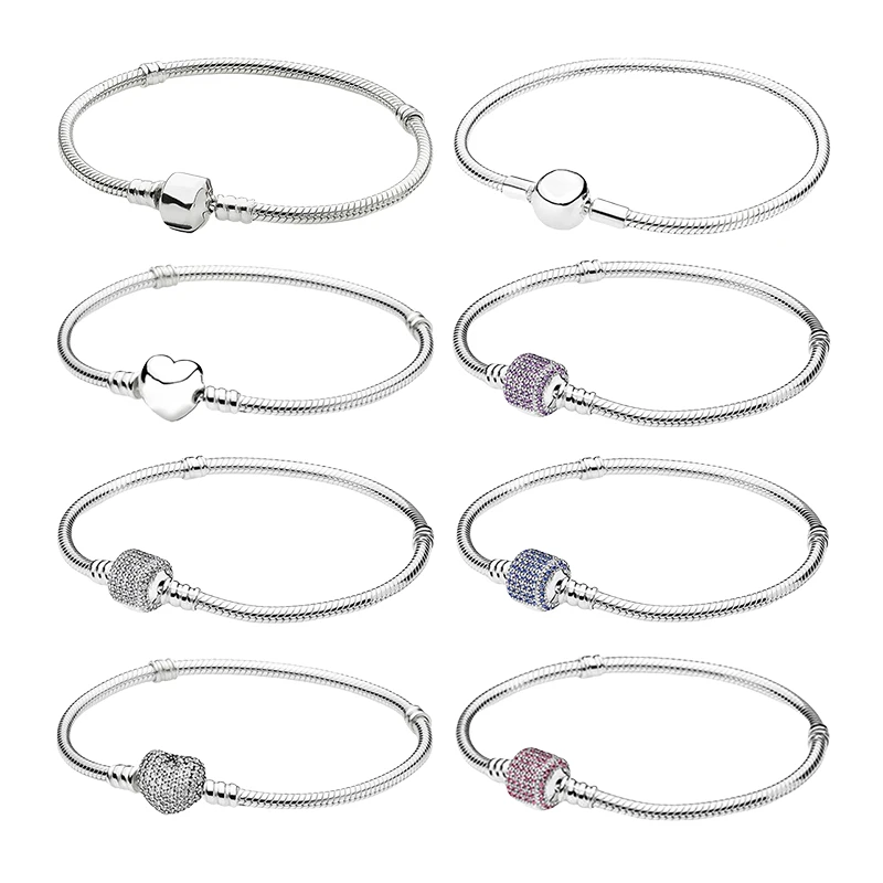 

925 Sterling Silver Wrist Charm Bracelets For Women Fine Jewelry Snake Chain LOGO Ball Heart Barrel Clasp Crystals Zircon Stones