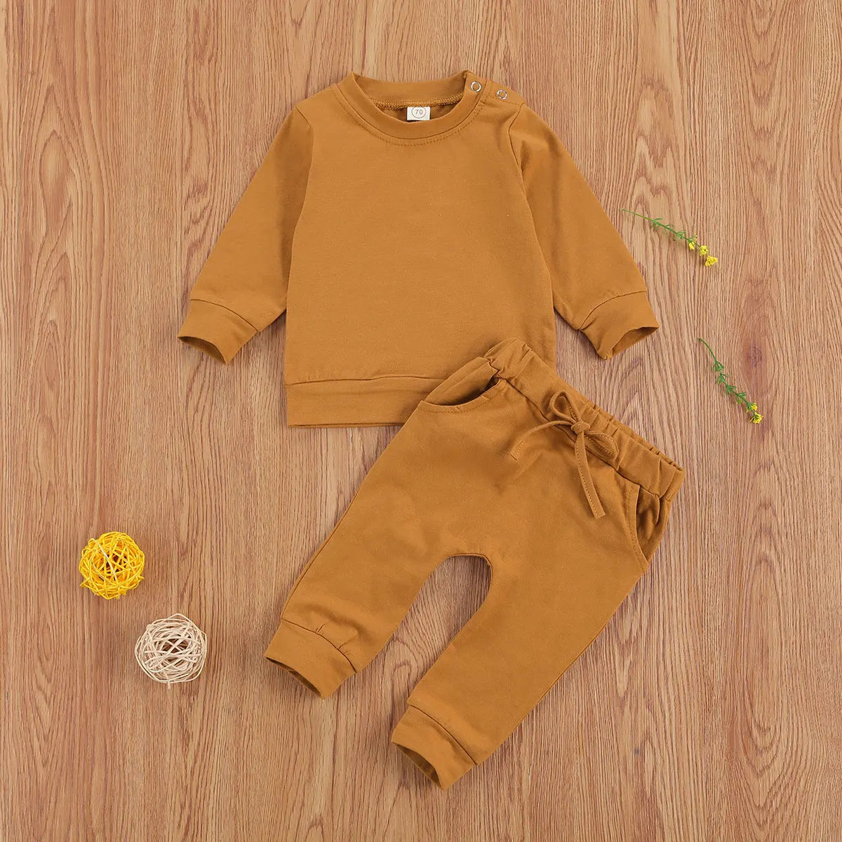 

Newborn Baby Autumn Clothes Set Solid Color Long Sleeve Round Collar Sweatshirt+Elastic Waistband Long Pants Infant 2Pcs Outfits