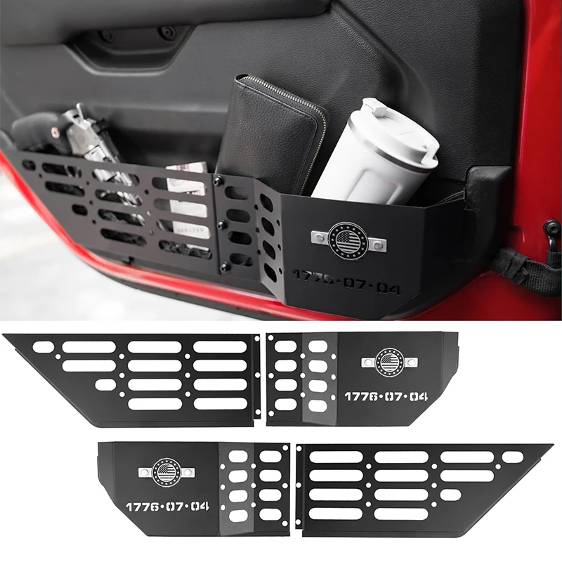 

2 металлических органайзера для передних дверей, подходят для Jeep Wrangler JL JLU 4Xe 2018-2024 и Gladiator JT 2020-2024, расширение внутреннего пространства для хранения, сумки для хранения на передних дверях, боковые вставки для хранения, аксессуары дл