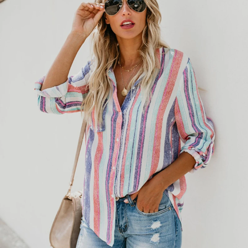 

Новая модная женская блузка свободного кроя в полоску, с длинными рукавами, рубашки с отложным воротником со стойкой Женский Топ Blusas Mujer De Moda таллас Грандес блузка