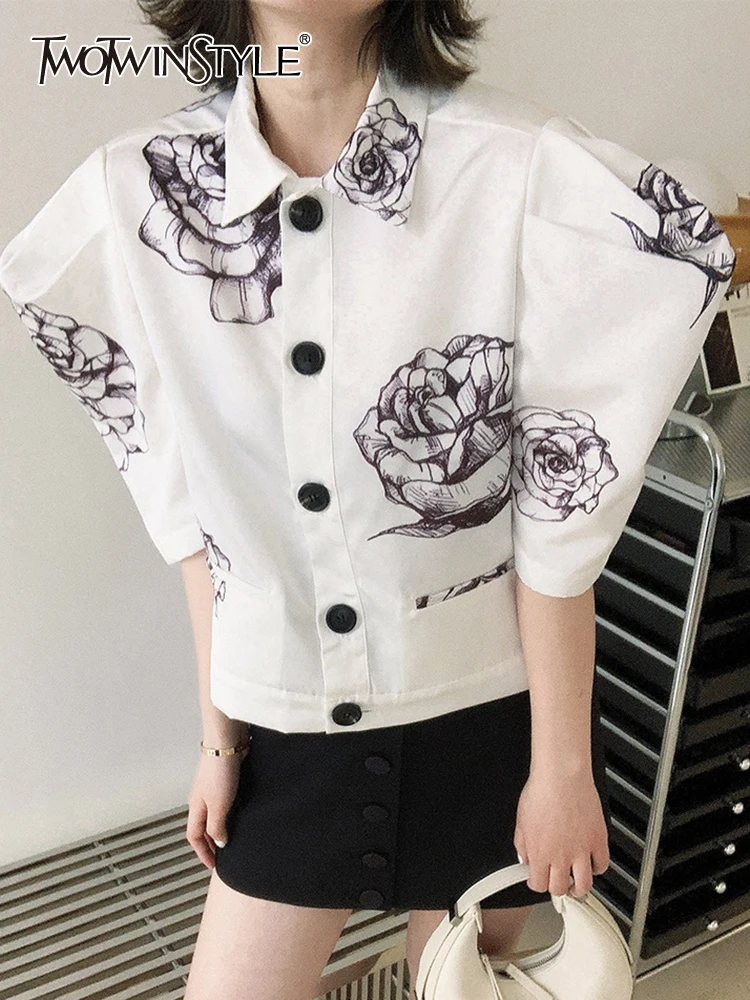 

TWOTWINSTYLE Vintage Print Blouses For Female Lapel Lantern Short Sleeve Button Through Casual Shirts Women 2022 Summer Clothing