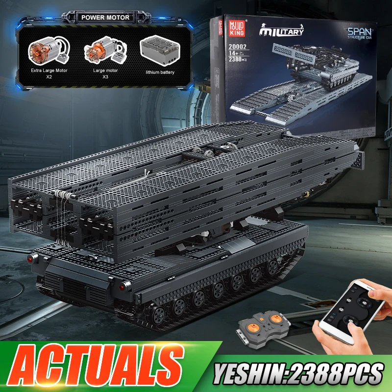 

Набор строительных блоков Mould King 20002, армированный автомобиль, запущенный мостом, техническая машина, игрушки, Военный танк, строительство д...