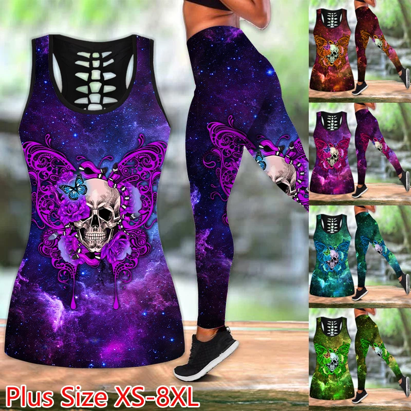 

Summer 3D Skull With Butterflies Combo Outfit Print Sleeveless Tank Top And Leggings Plus Size XS-8XL