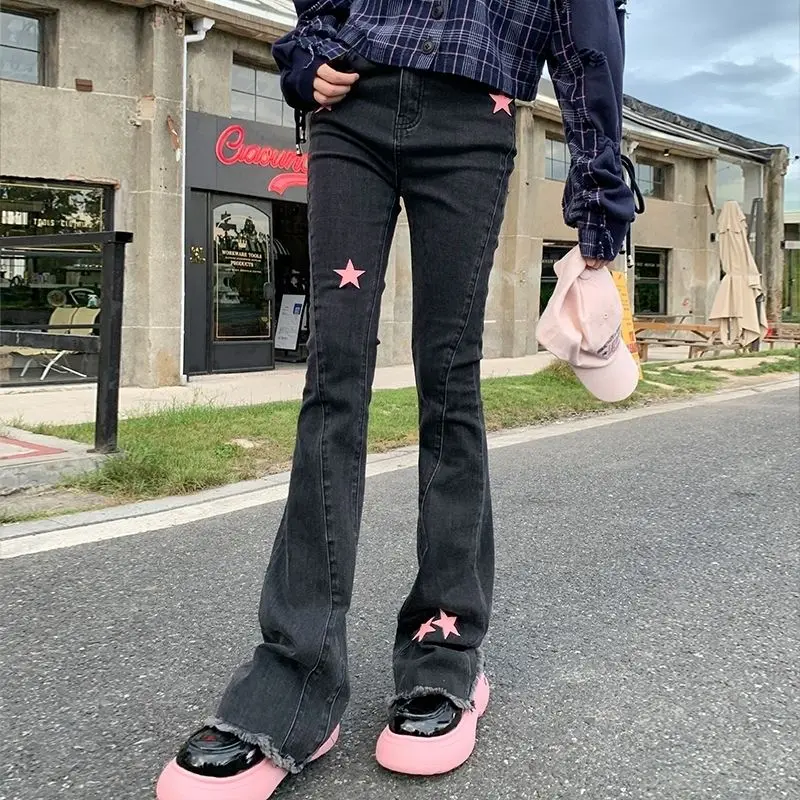 

y2k fall high waist wide leg jeans female straight loose thin flare repair pants white deer the same paragraph AnkleLengthPants