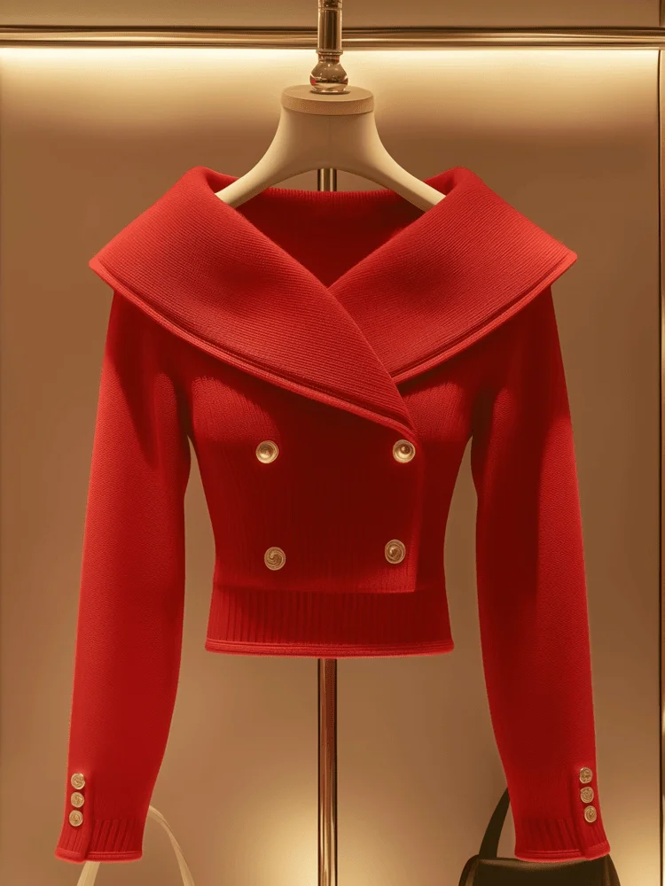 Ankela красный двубортный вязаный кардиган с большими лацканами женский ранний