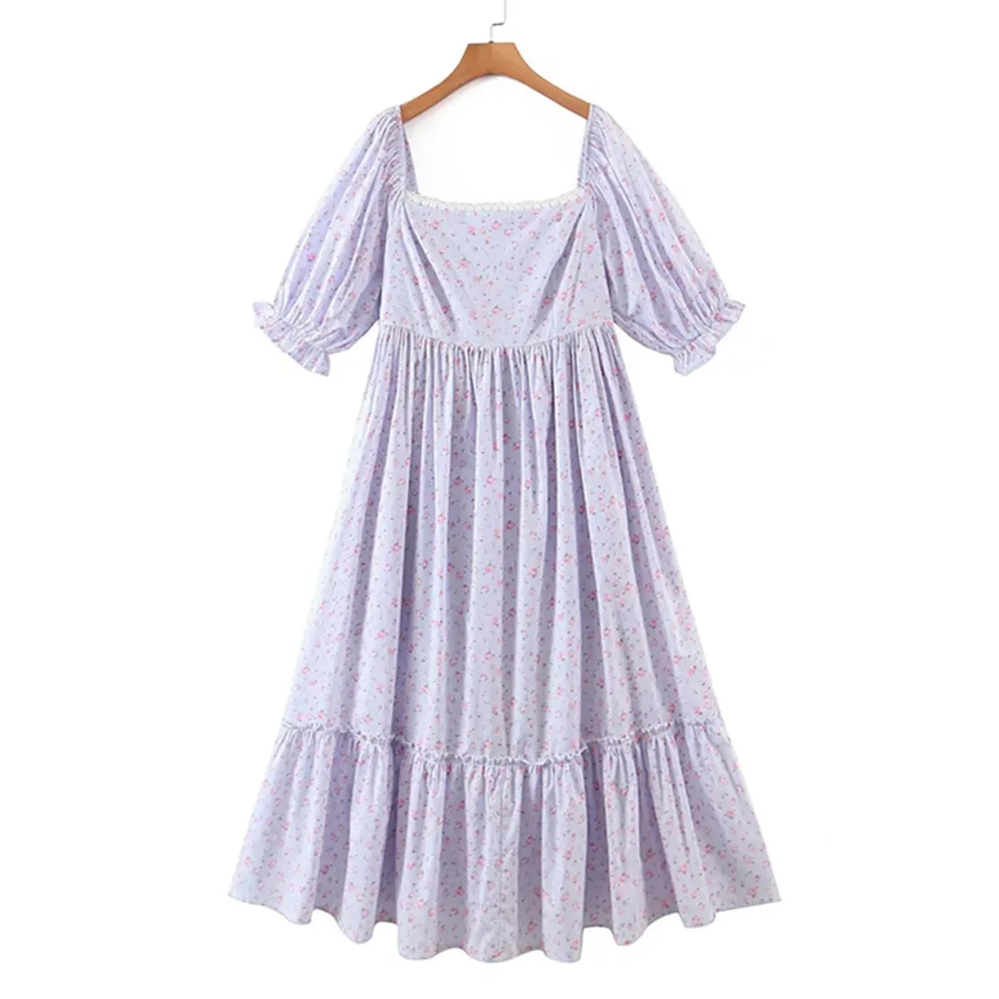 

Maxdutti French Style Indie Folk Bohemian Vintage Purple Floral Print Square Collar Party Maxi Dress Summer Fashion Dress Women