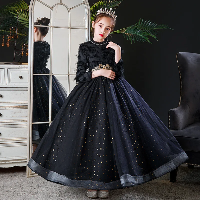 Girls' DressFlower Girl Princess Dress High end Host's Evening Dress Children's Piano Performance Dress Black Autumn Winter