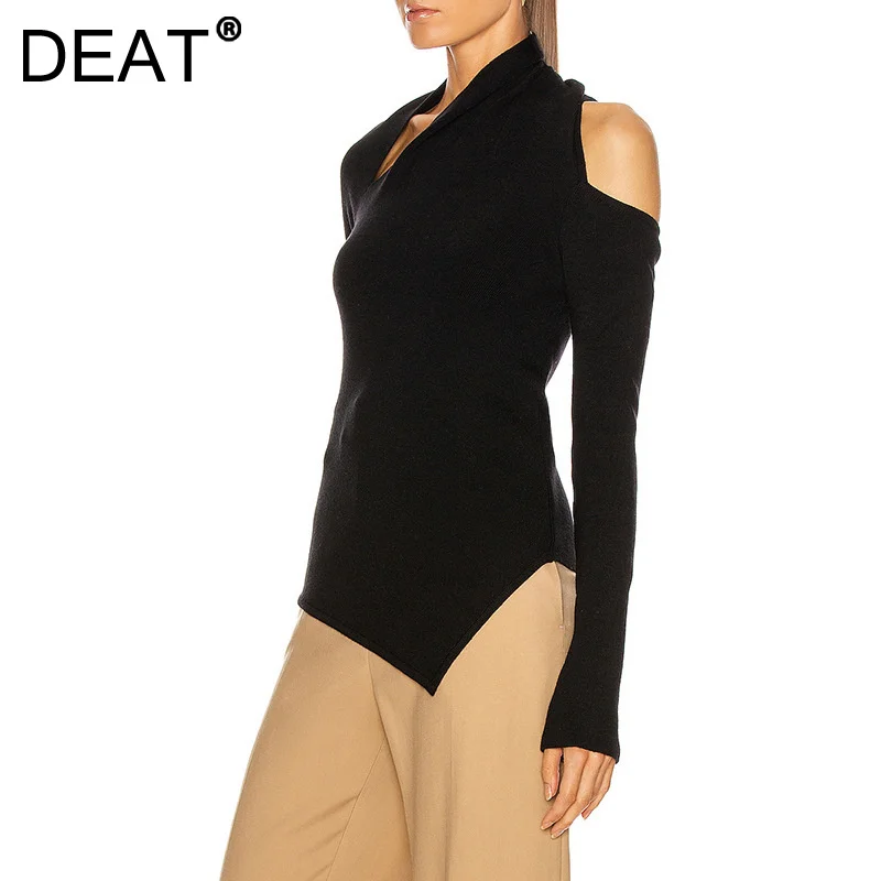 

DEAT 2023 Autumn New Fashion Women's Tops New Asymmetrical Long Sleeve Hollow Out Irregular Slim Knitting Sweater Female 19J2248