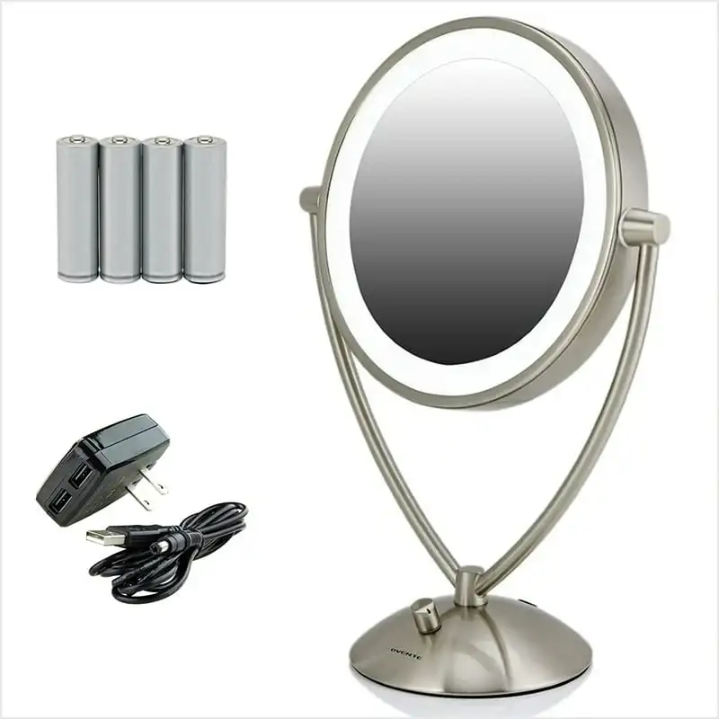 

Lighted Tabletop Makeup Mirror 9.5 Inch LED Dimmable 1X 5X Magnifier 360 Adjustable Double Sided Battery USB Operated Bedroom La