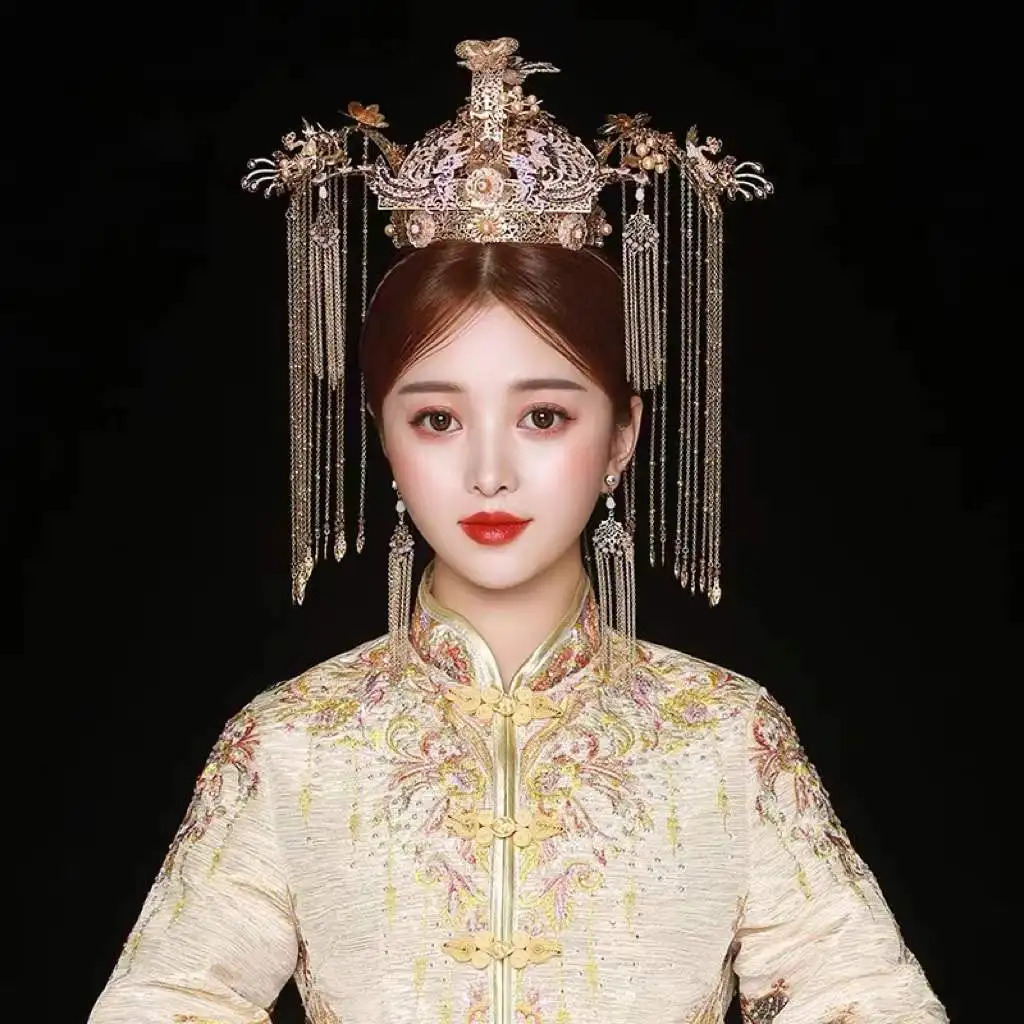 

Bride's Chinese Phoenix Crown Luxury Headdress Retro Palace Classical Jewelry Ancient Clothes Xiuhe Hair Accessories Crown