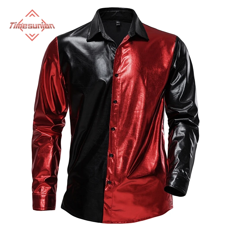 

Глянцевый черный платье рубашки мужчины с длинным рукавом кнопка вниз 70-х годов диско партии рубашки мужские ночной клуб партии Prom Chemise